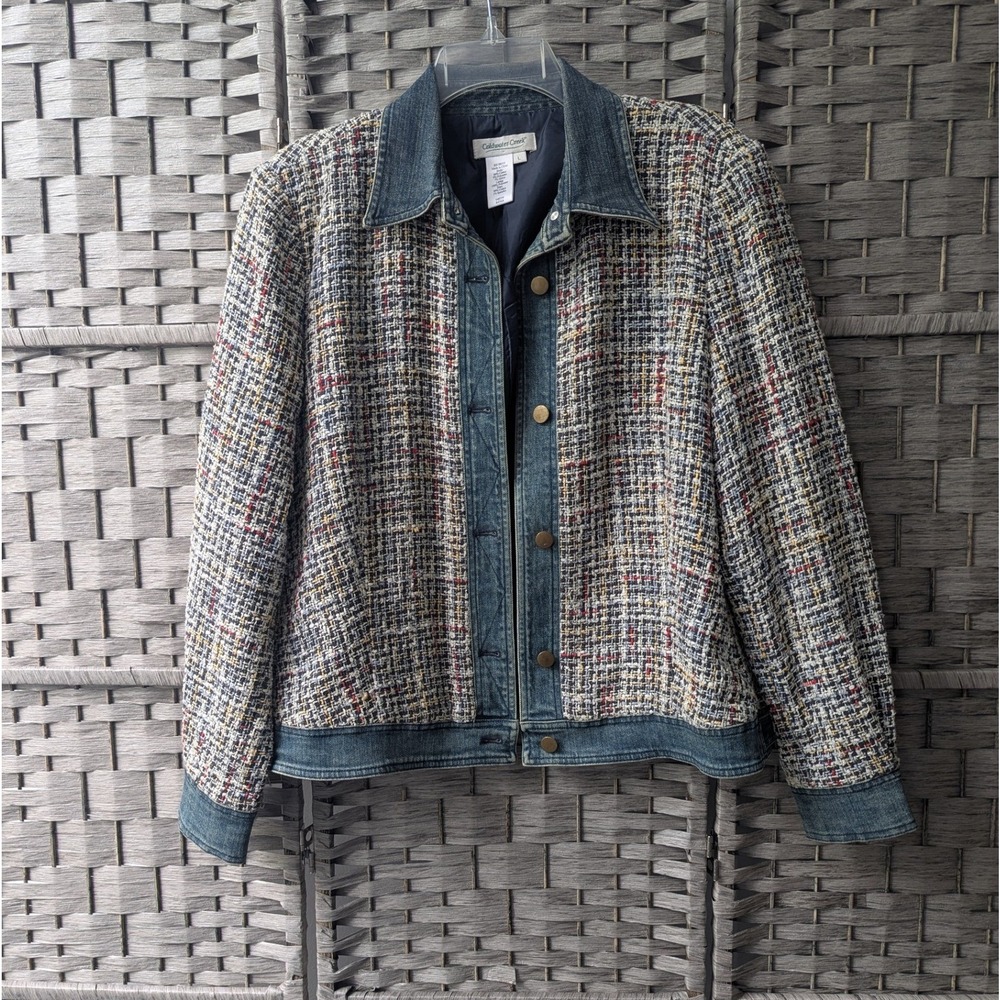 Vtg Y2K Coldwater Creek Jacket Tweed Denim Trim Mixed Media Sz L Textured